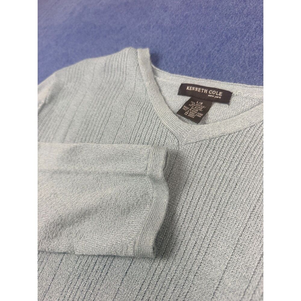 Kenneth Cole New York Mens L Gray V-Neck Textured Knit Sweater Lightweight